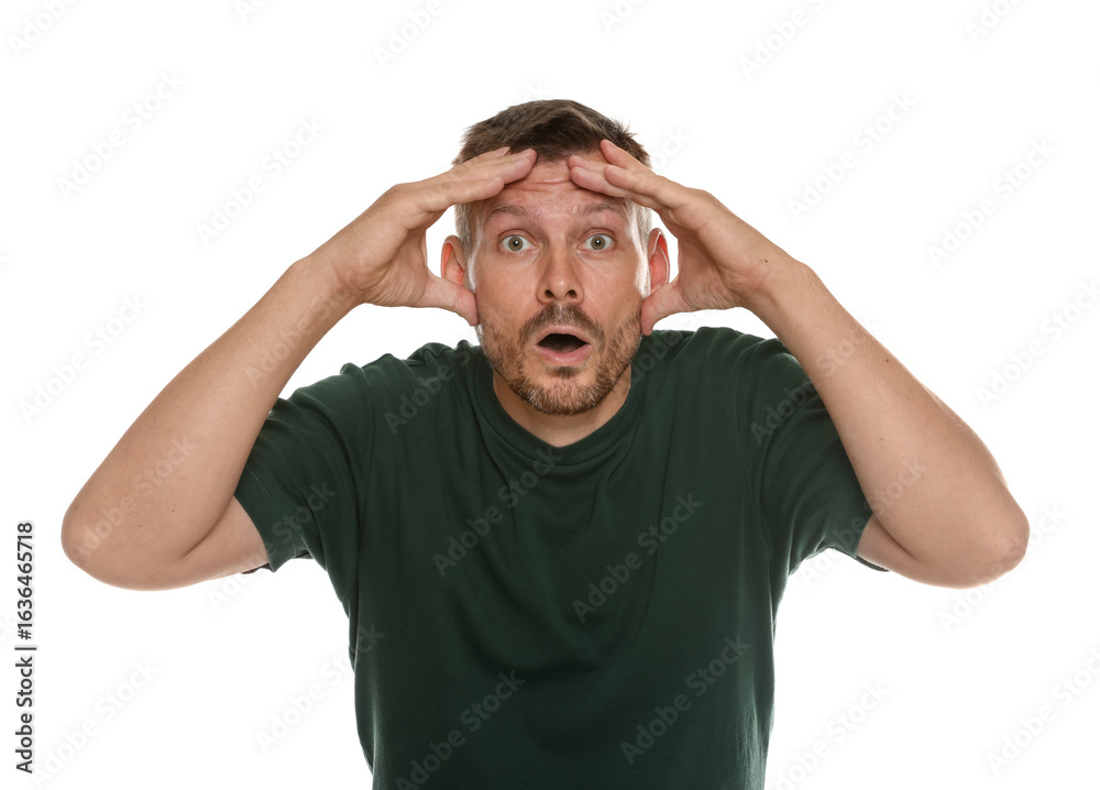 Fototapeta premium Man suffering from panic attack on white background