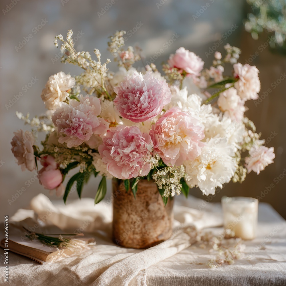 Obraz premium Elegant floral arrangement with peonies, roses, and delicate blossoms in a rustic vase, capturing the beauty of spring and natural light for wedding decor or home styling