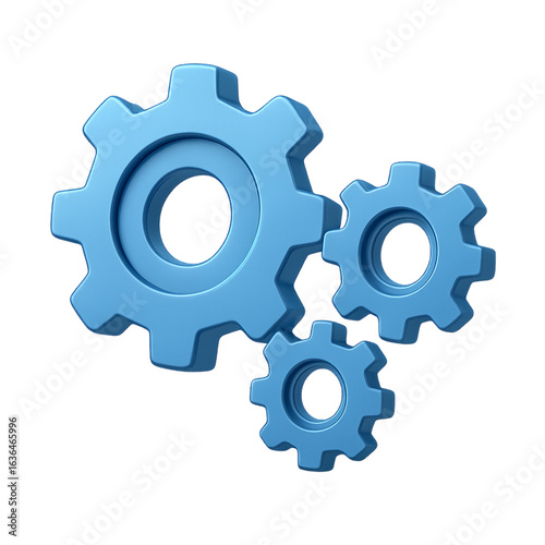 Three blue gears interlocking in a mechanical system representing teamwork and efficiency, rendered in a clean 3D isometric style on a white background.