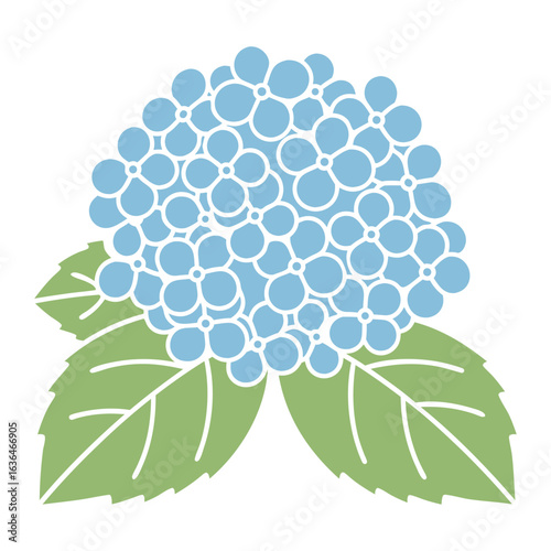 A stylized illustration of a light blue hydrangea flower with green leaves