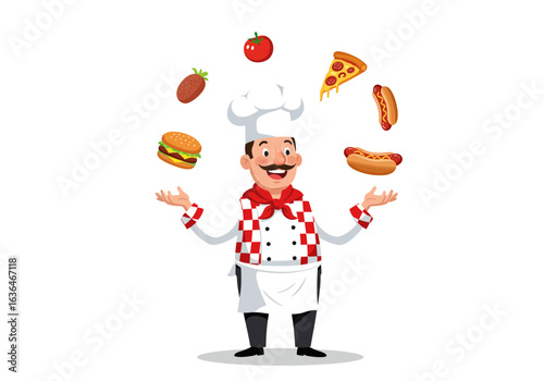 Cartoon Chef Juggling Fast Food Items with a Cheerful Expression
