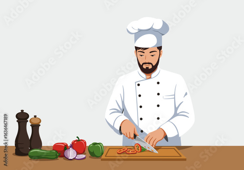 Chef Slicing Vegetables on a Cutting Board