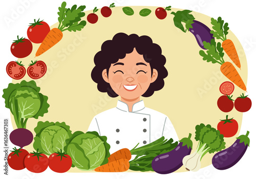 Smiling Chef Surrounded by Fresh Vegetables Illustration