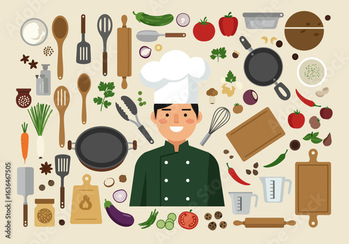 Cheerful Chef Surrounded by Kitchen Utensils and Fresh Ingredients