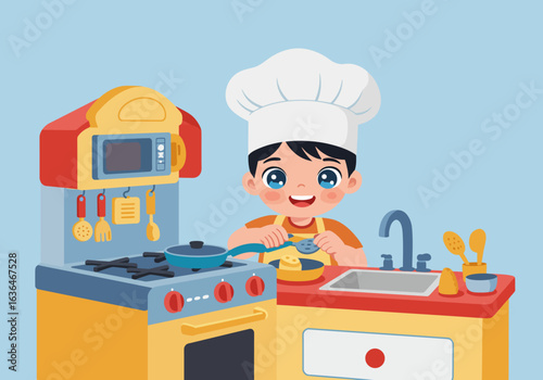 Cartoon Boy Chef Cooking in a Toy Kitchen
