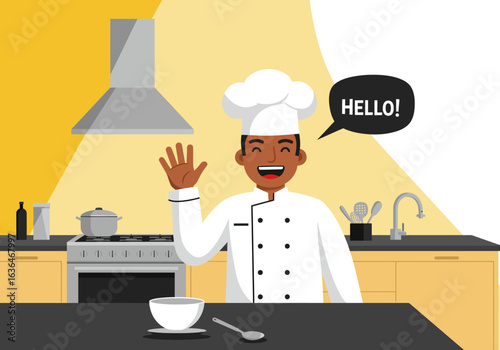 Cheerful Chef Waving Hello in a Bright Kitchen Setting