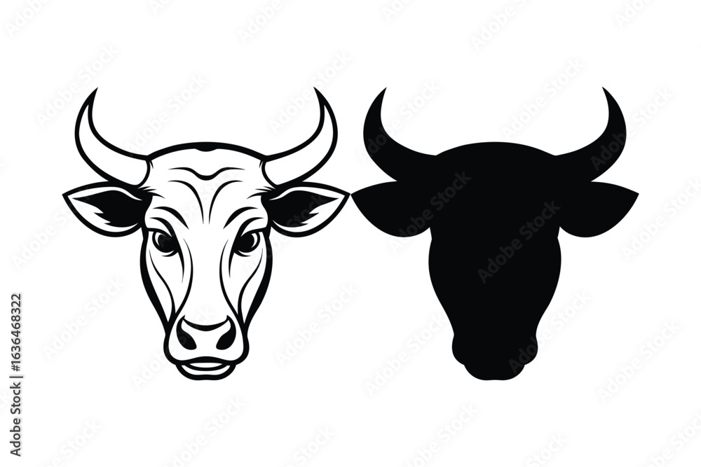 Detailed Cow Head Outline with Silhouette on White Background Detailed Cow Head Outline with Silhouette on White Background