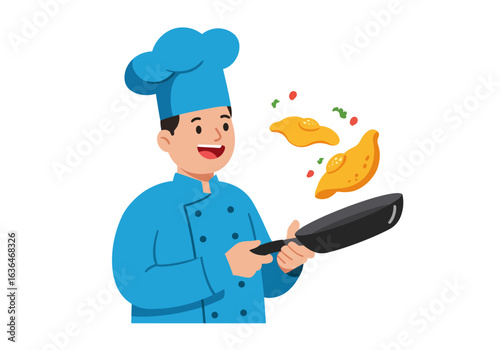 Cartoon Chef Tossing Food in a Pan with Skill and Enthusiasm