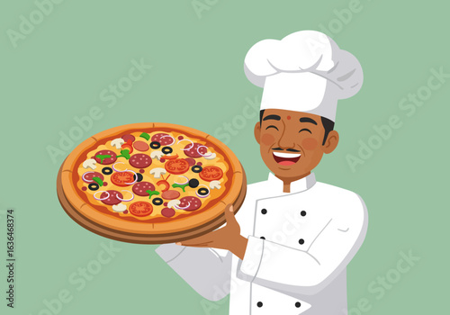 Smiling Chef Presenting a Delicious Pizza with Various Toppings