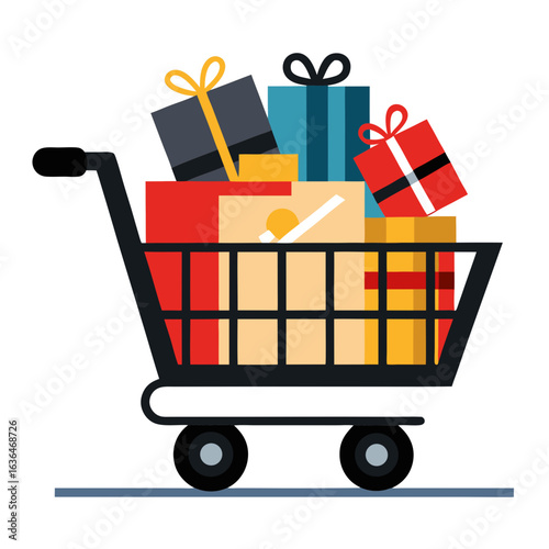 Black Friday Shopping Cart with Gift Boxes and Sale Tags Vector
