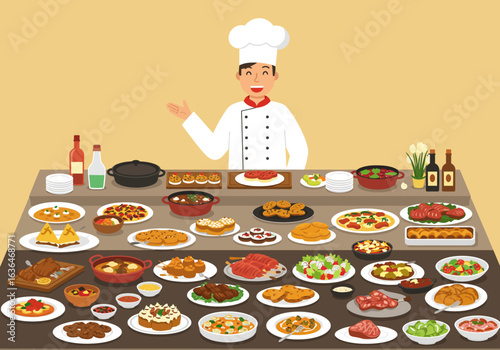 Chef Presenting a Lavish Buffet Spread of Diverse Dishes