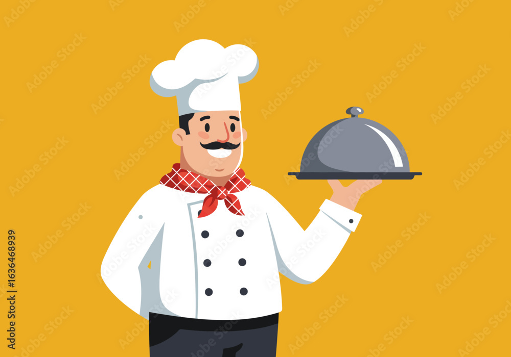 Cartoon Chef Holding Silver Serving Dome on Yellow Background Cartoon Chef Holding Silver Serving Dome on Yellow Background