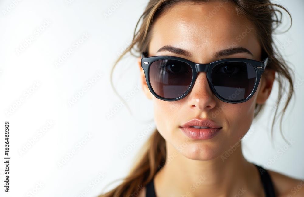 Woman wearing stylish sunglasses with a confident expression and natural makeup Woman wearing stylish sunglasses with a confident expression and natural makeup