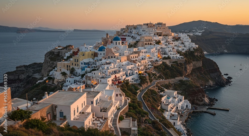 Naklejka premium Santorini Sunset: Aegean Jewel at Golden Hour