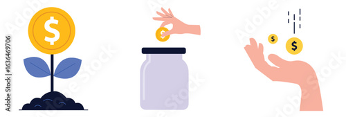 Financial growth represented by a dollar coin plant investment concept. Hand putting dollar coin into a jar for savings Dollar gold coins falling into a hand set of vector illustration.