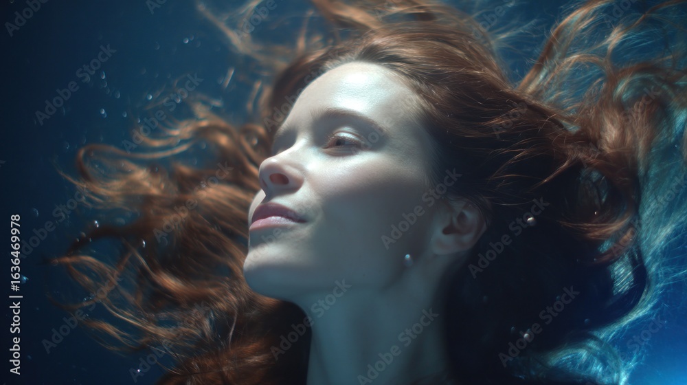 Naklejka premium Serene woman with flowing red hair underwater in a peaceful, dreamy scene