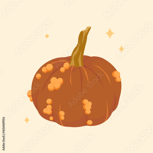 Cute autumn illustration of a brown pumpkin in warm, pastel colors with stars. Ideal for autumn, harvest and Thanksgiving themed designs, poster