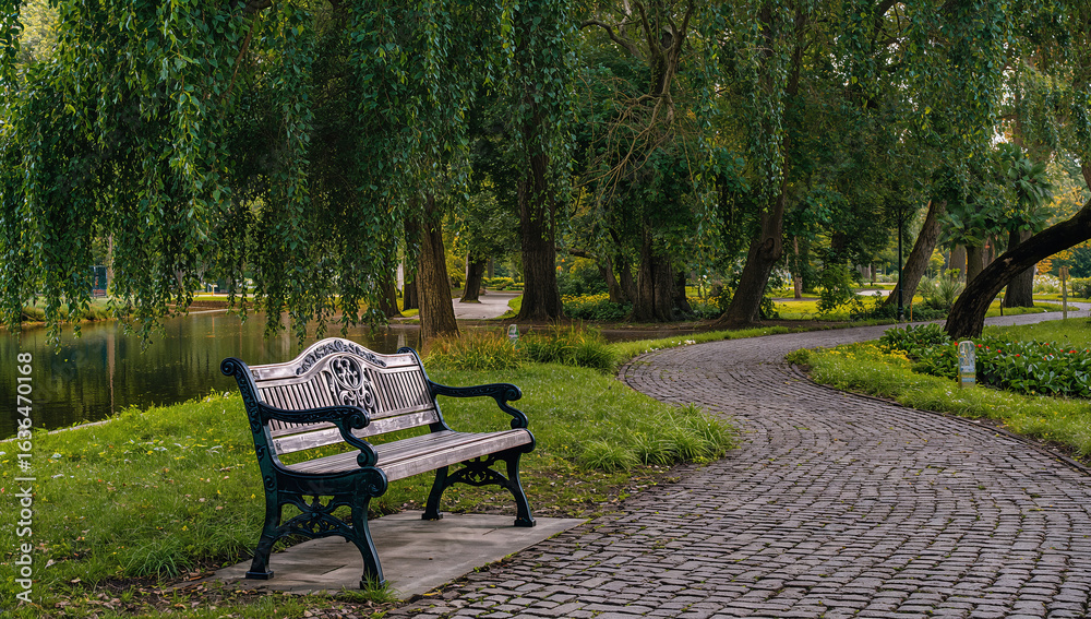 Fototapeta premium Lonely wooden bench beside quiet water in green park, cobblestone walkway under shade trees, peaceful outdoor nature scene 4k image