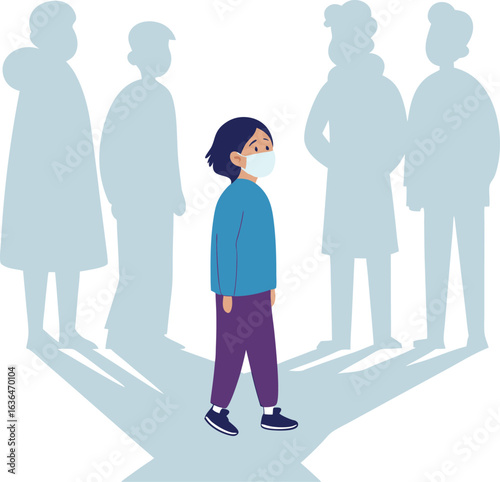Vector illustration of social anxiety, self-doubt, and isolation in a crowd