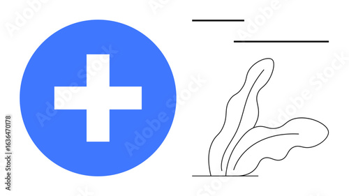 Blue circle with white medical cross beside a line-drawn abstract plant and minimal lines. Ideal for healthcare, simplicity, wellness, growth, medical services, clean design, simple flat metaphor