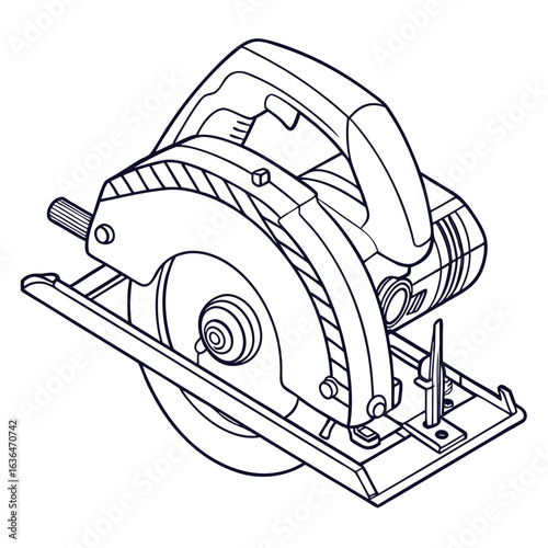 Detailed vector line art illustration of a portable circular saw tool