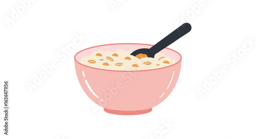 Healthy breakfast concept: oatmeal bowl with spoon in pastel pink design for kitchen decor