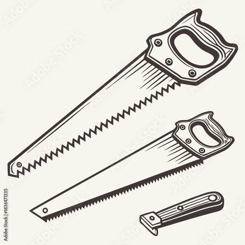 Illustration of a set of hand saws with different sizes and designs
