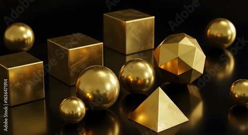 Luxury gold geometric shapes on black, modern 3D abstract art for contemporary interiors