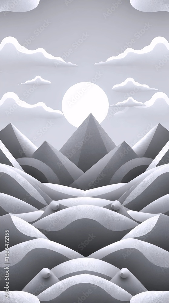 Obraz premium monochrome geometric mountains under full moon with minimal and dramatic composition