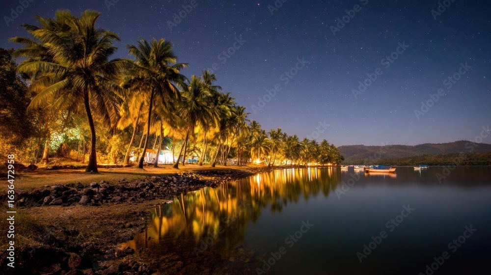Fototapeta premium Nighttime beach scene with palm trees, reflections, and boats