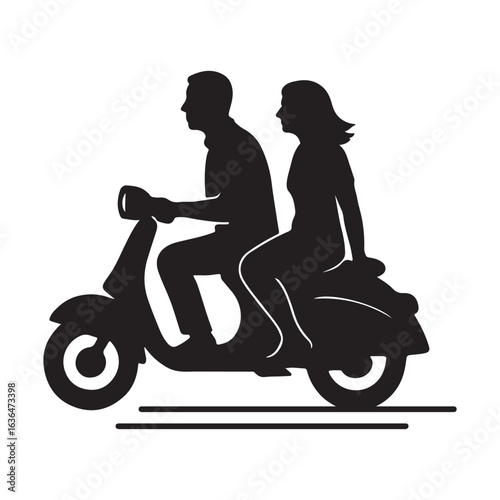 Silhouette of Couple Riding Scooter Together Vector Illustration

