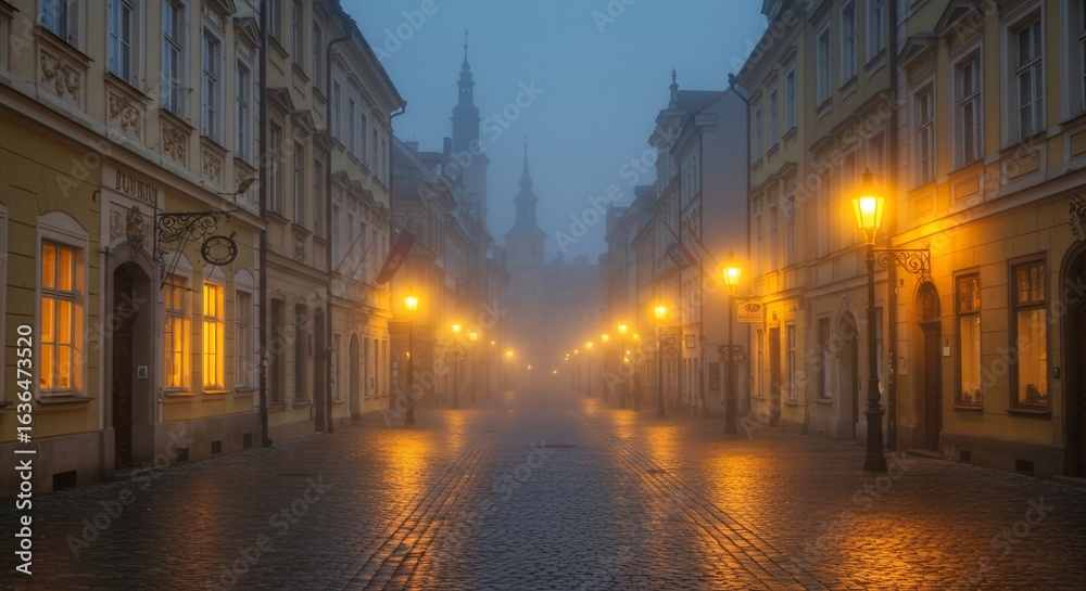 Naklejka premium Misty Lane: A Nocturnal Stroll Through Old Town
