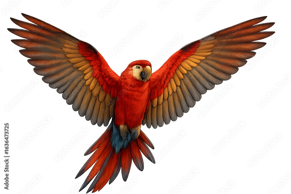 Obraz premium Bright red parrot soaring gracefully against a white background