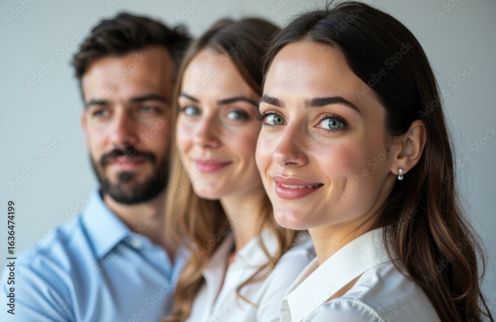 Smiling woman with dark hair and two colleagues in a professional setting Smiling woman with dark hair and two colleagues in a professional setting