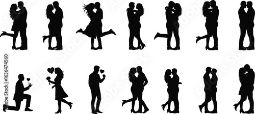 Silhouette vector collection of romantic loving couples, hugging, kissing and proposing, symbolizing love, relationships, dating, romance and passion, isolated on white background.
