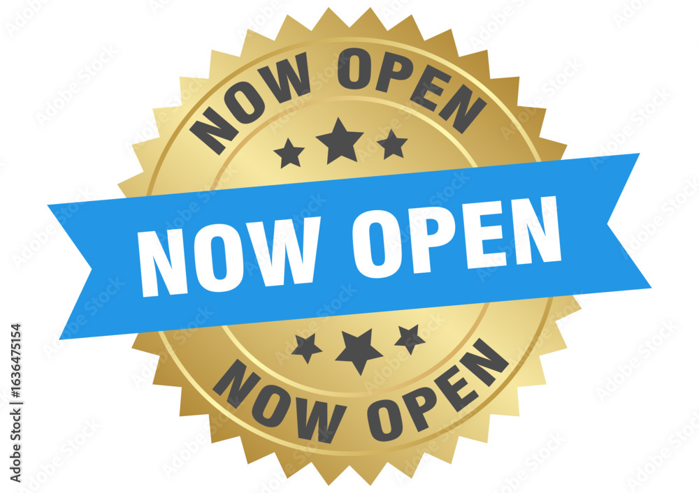 Obraz premium now open. now open round blue and gold label isolated on transparent background