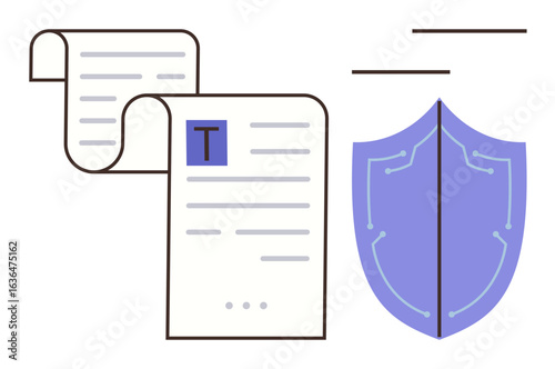 Legal contract with text and shield representing security, legality, and protection. Ideal for legal compliance, confidentiality, data protection, cybersecurity, trust, contracts simple flat