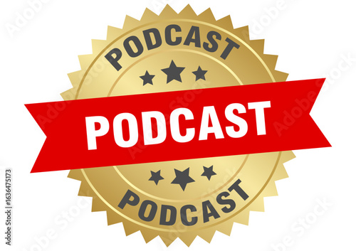podcast. podcast round red and gold label isolated on transparent background