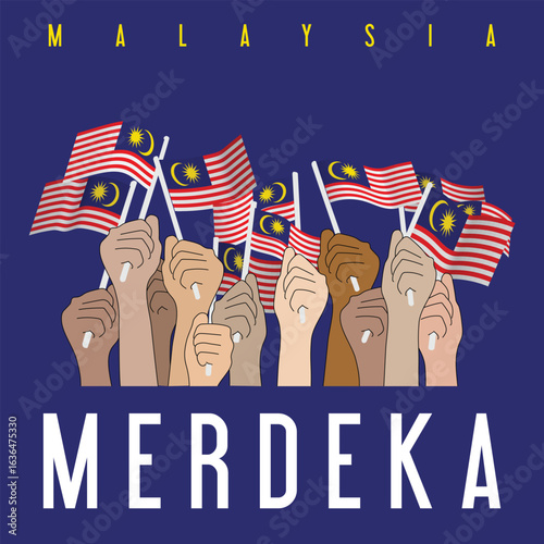Malaysia Independence Day 31st August. Multi racial ethnic diversity Malaysian holding a Malaysia hand  flag. Merdeka.