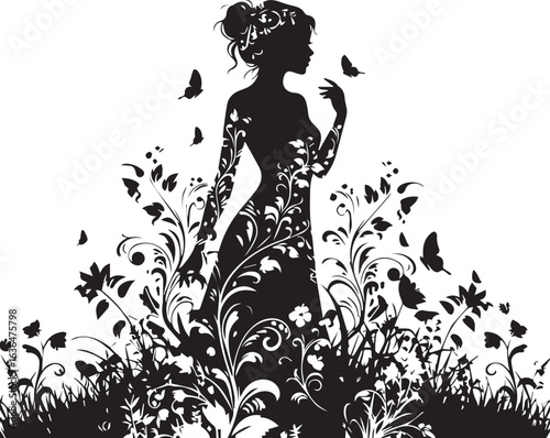 Elegant Silhouette Woman Adorned With Floral Patterns and Butterflies female graceful