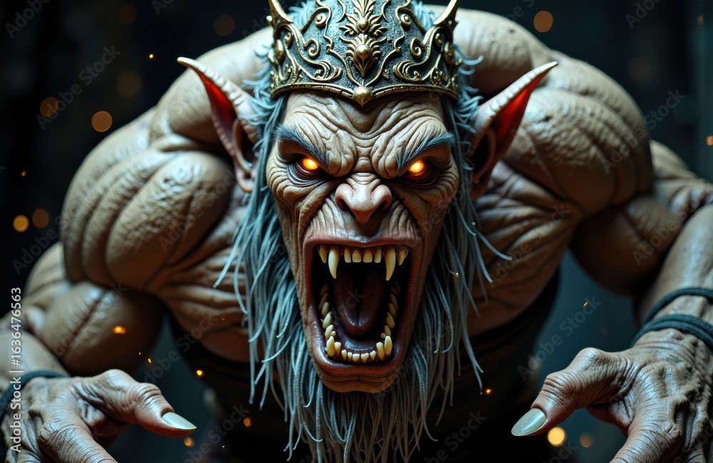 Obraz premium A fierce fantasy creature with pointed ears, glowing eyes, and a menacing expression