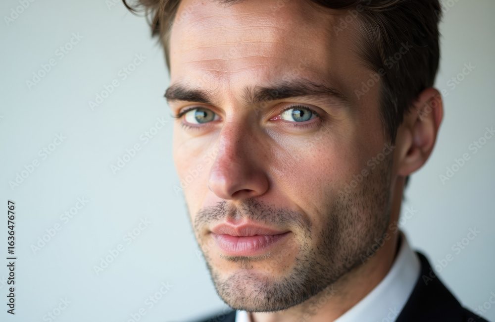 Close-up of a confident young man with blue eyes and styled brown hair looking at the camera Close-up of a confident young man with blue eyes and styled brown hair looking at the camera