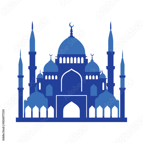 Blue Islamic mosque with domes and minarets on white background architecture building