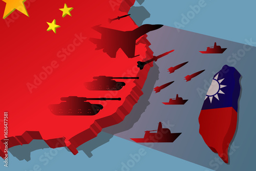 China military blockade against Taiwan. military equipment tank, fighter, warship. concept of a possible military conflict, war tension in Asia banner background