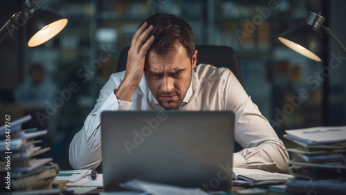 Worried businessman analyzing financial data on laptop, rubbing eyes from exhaustion, office stress and overload, realistic corporate scene, stock image