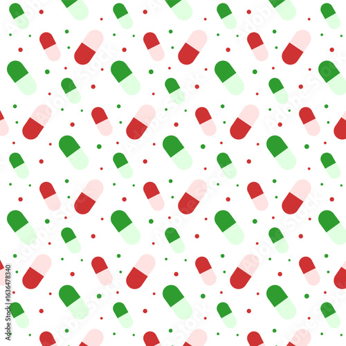 Medicine seamless pattern.Christmas seamless pattern with green and red pills capsule isolated on white background..Vector graphic illustration abstract wallpaper.