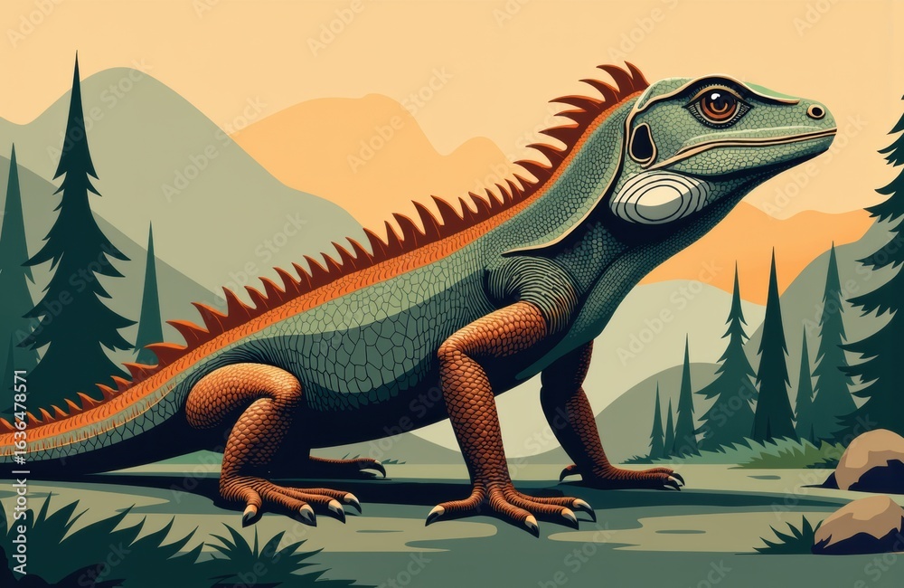 Fototapeta premium Iguana standing on rocky ground with forest and mountain background during sunset