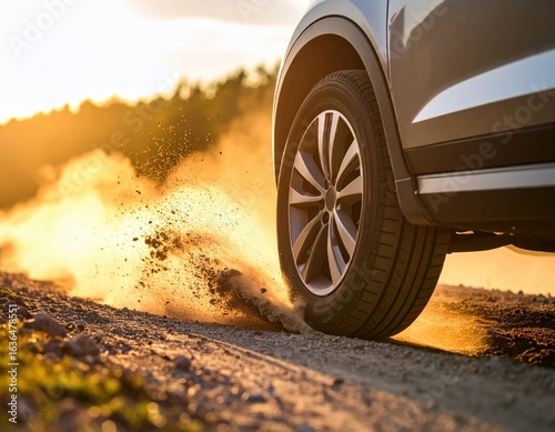 Dusty Off-Road Vehicle Driving At Sunset