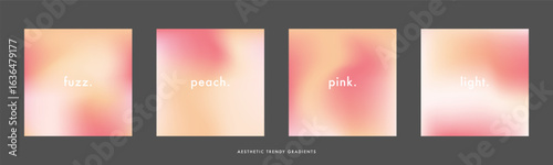 Abstract bright peach pink gradient background. Pastel yellow red color soft texture. Set of 4 square vector aura sunset sky poster. Fuzz wavy bg for banner, social media, beauty and wedding design