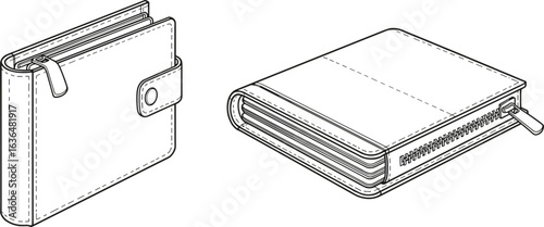 CAD drawing, flat vector illustration, wallet design, leather accessory, fashion sketch, zipper detail, clasp hardware, technical product art, purse blueprint